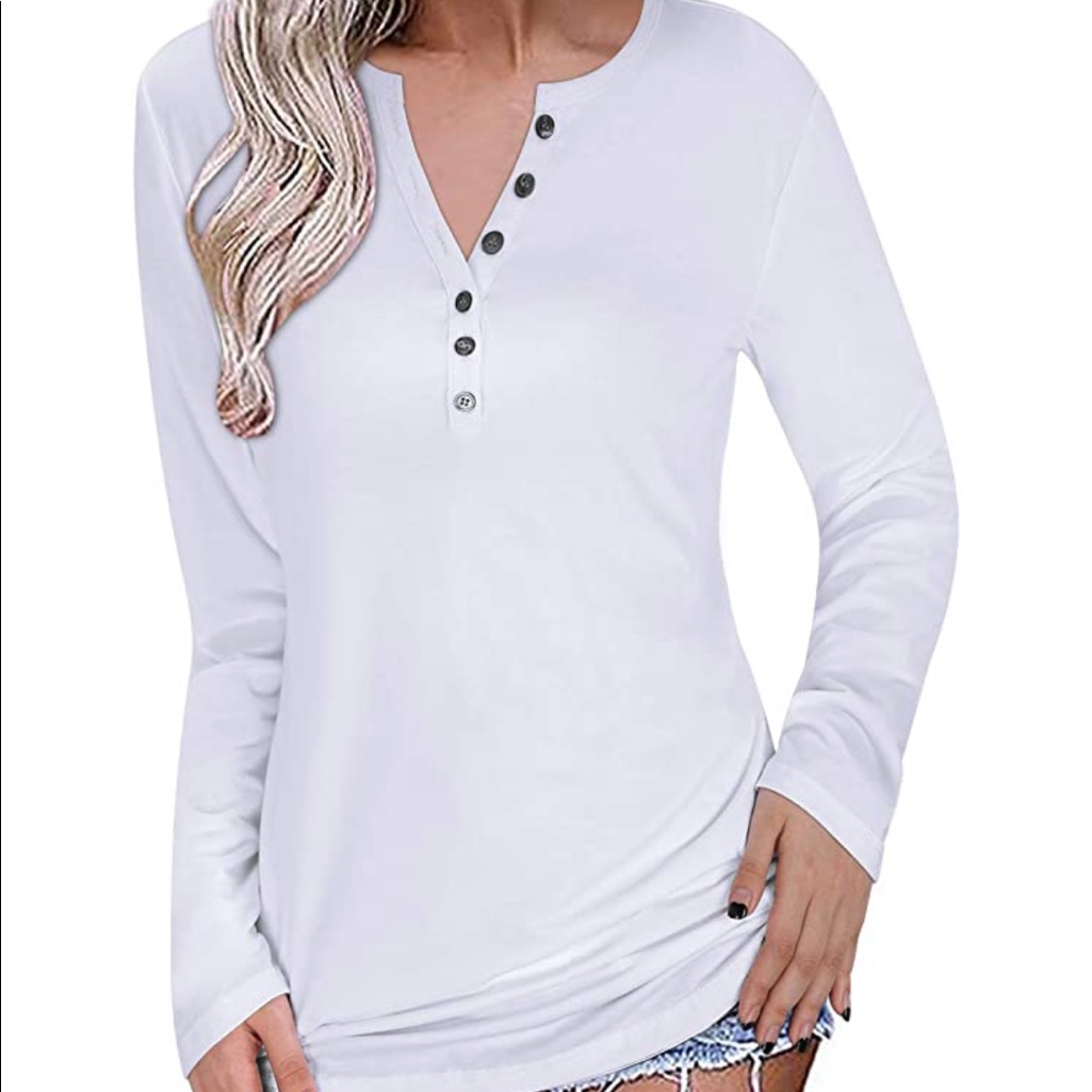 Ouges White Long Sleeve Button Up Henley Style Top
